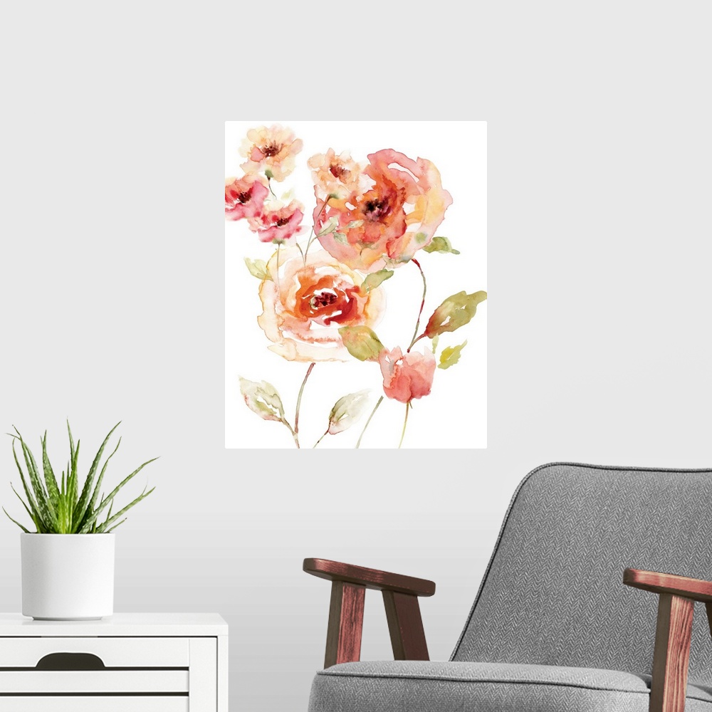 A modern room featuring Vertical watercolor painting with pink, red, and orange flowers on a white background.