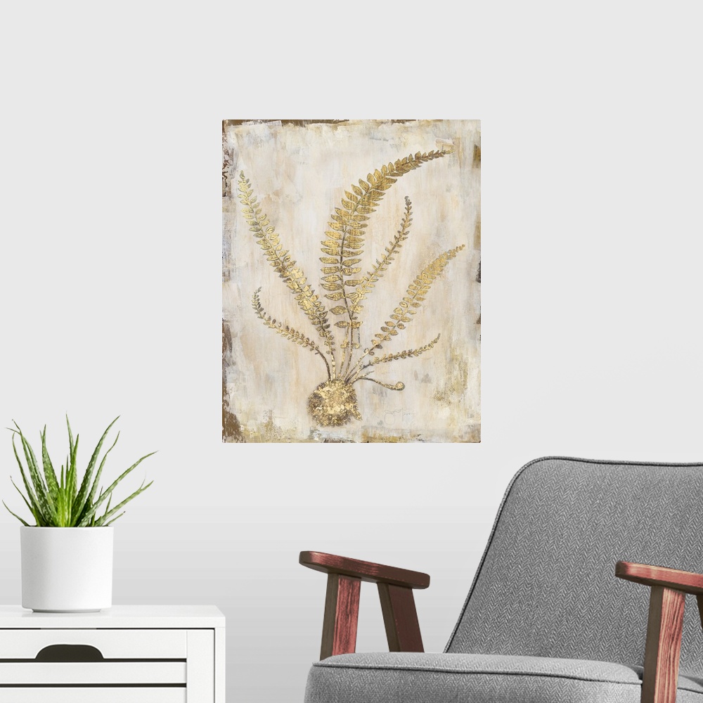 A modern room featuring Gold and cream decor with fern fronds spreading in all directions.