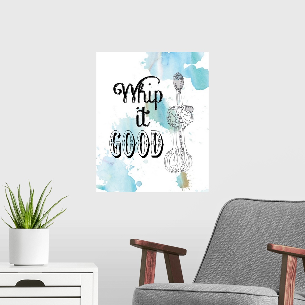 A modern room featuring Droplets of blue watercolor on white are the backdrop for the drawing of a hand crank whisk and t...
