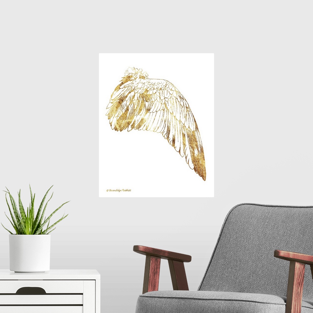 A modern room featuring An illustration of a bird's wing in gold over a white background.