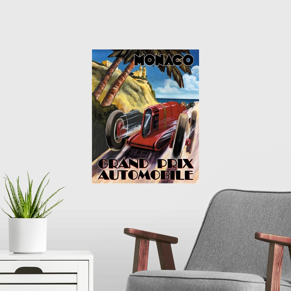 A modern room featuring Painted sign reading "Monaco Grand Prix Automobile" with a red vintage race car racing up a path ...