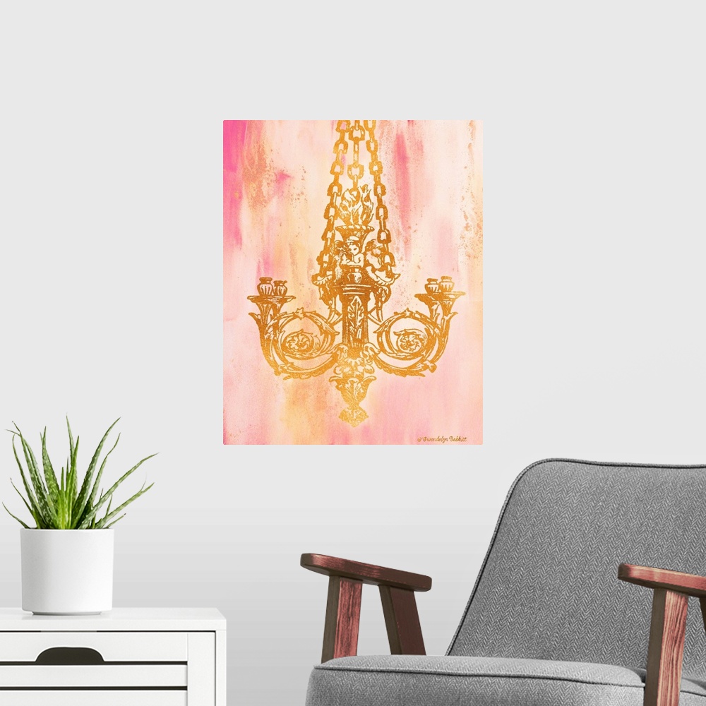 A modern room featuring An illustration of a chandelier in gold over a pink background.
