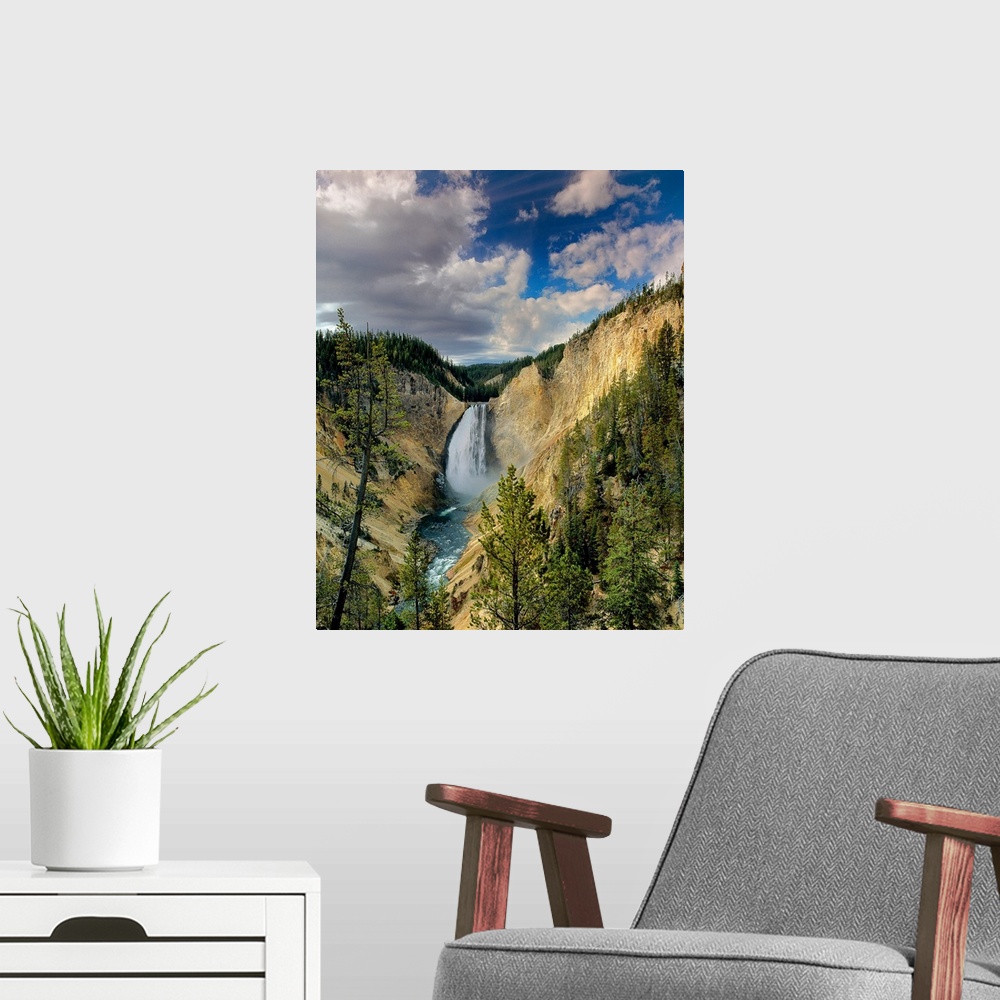 A modern room featuring View from below of Yellowstone Falls in Yellowstone National Park, Wyoming.