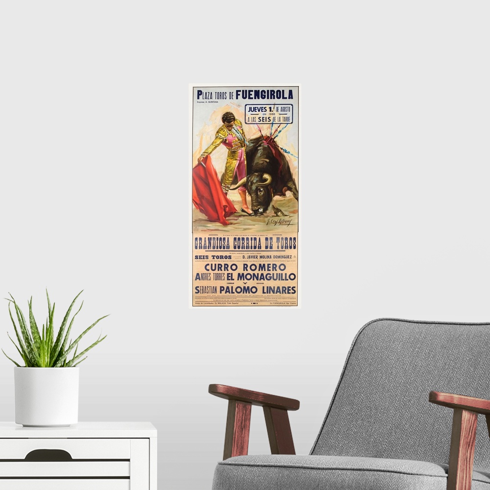 A modern room featuring Spanish Bullfight poster showing matador with red cape. Six bulls, featured fighters include Curr...