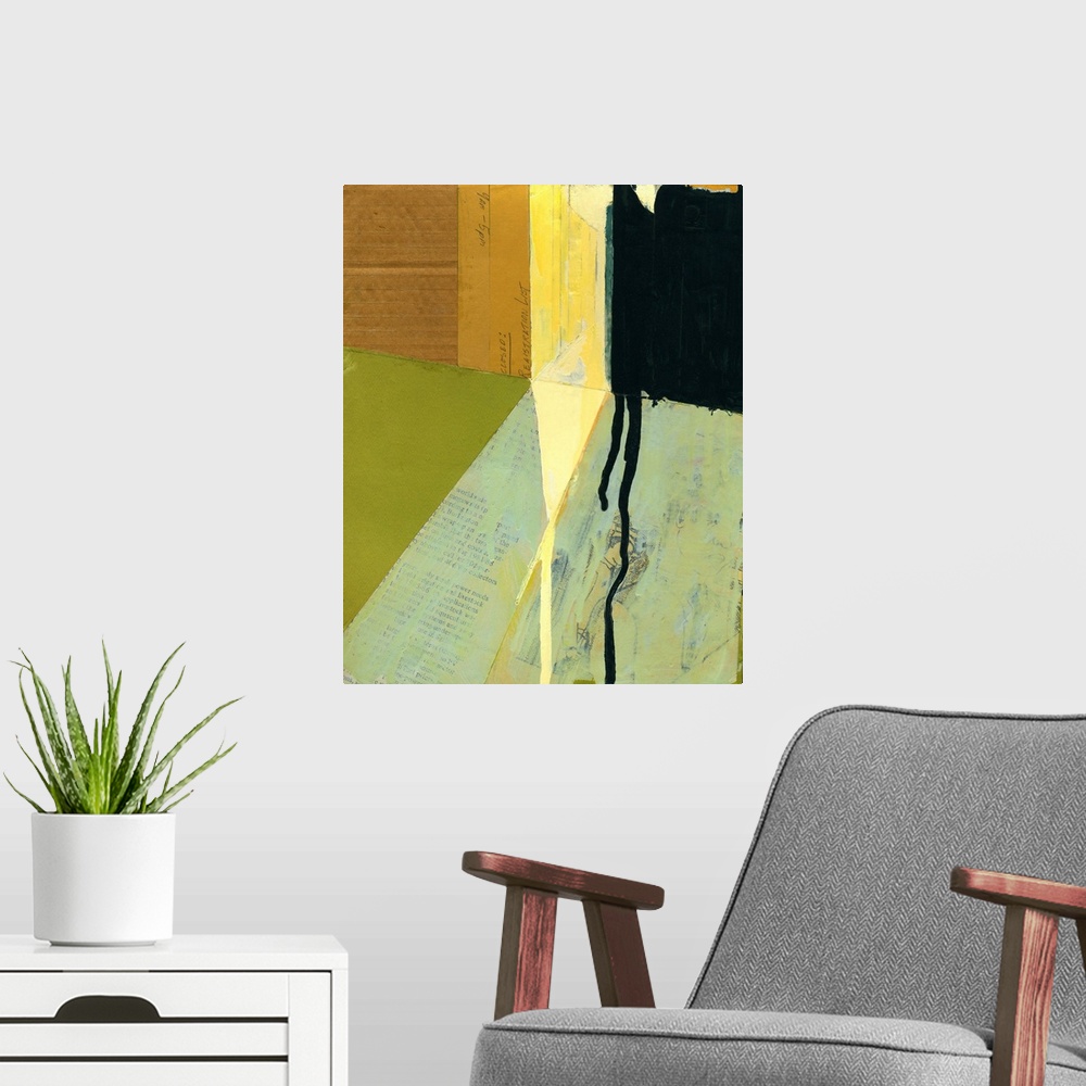A modern room featuring Abstract cityscape collage using vintage cut paper and oil paint. Diagonal geometric lines and bo...