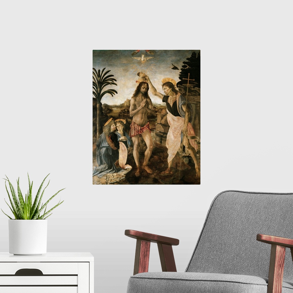 A modern room featuring Baptism Of Christ By Andrea Del Verrocchio And Leonardo Da Vinci