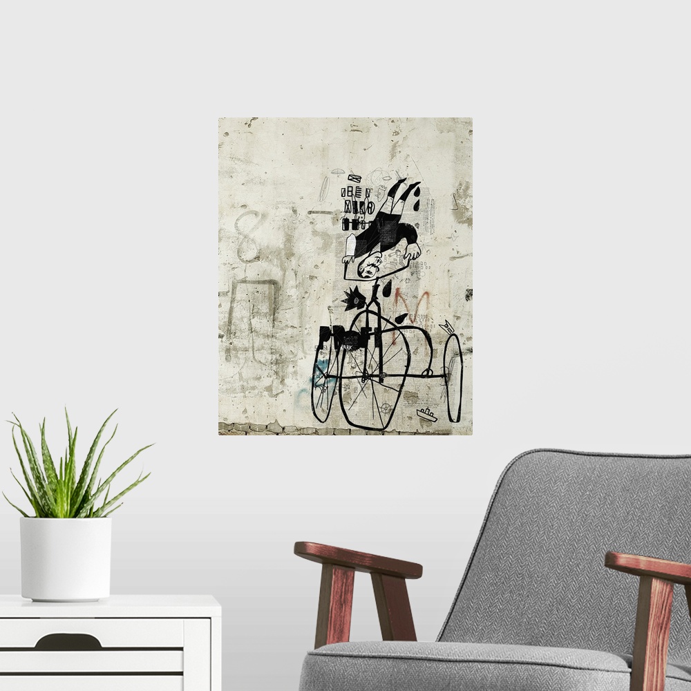 A modern room featuring Symbolic image of a man who rides an old bicycle.
