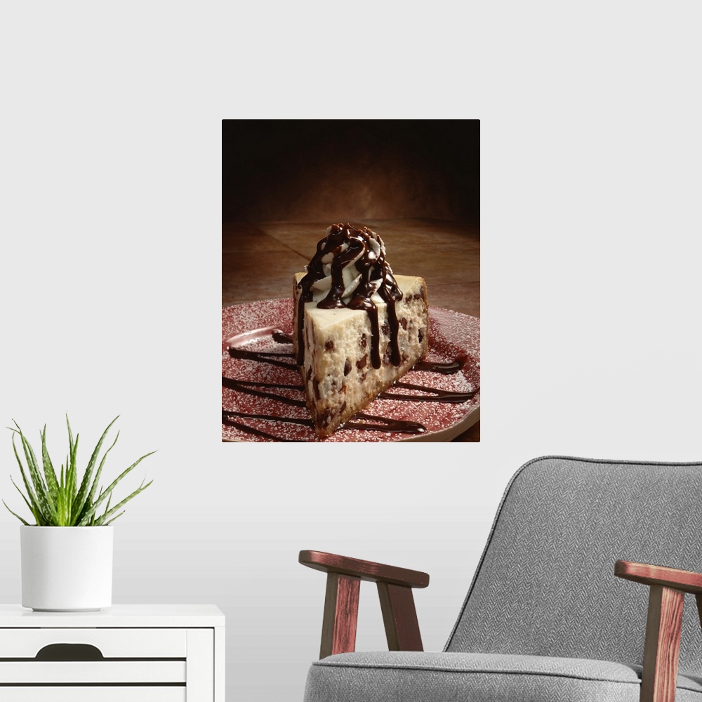A modern room featuring Chocolate chip cheesecake