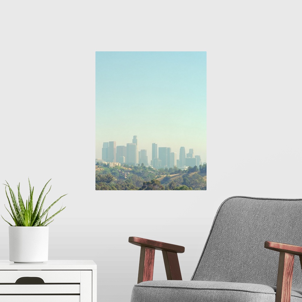 A modern room featuring Cityscape of Los Angeles skyline from Elysian Park