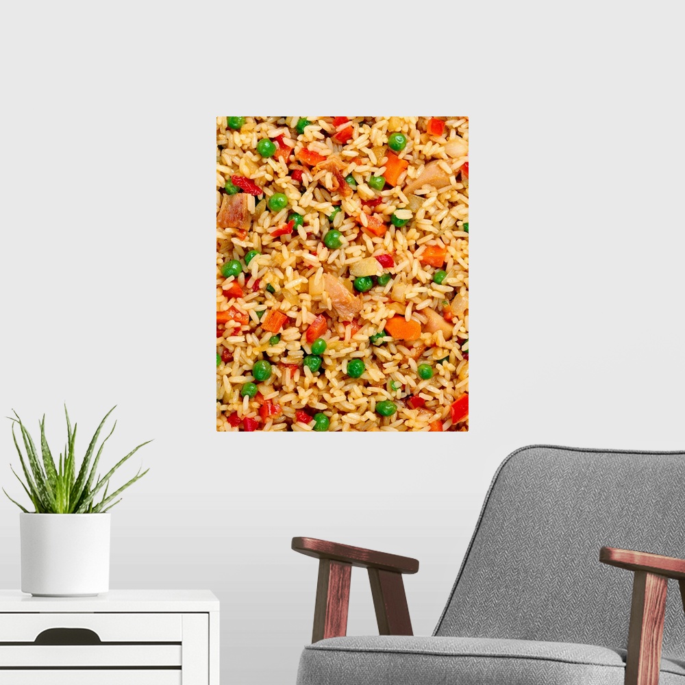 A modern room featuring Fried rice with vegetables