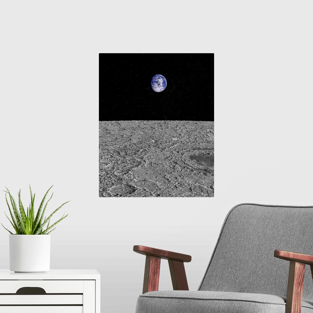 A modern room featuring Illustration of a View of Earth from the Moon