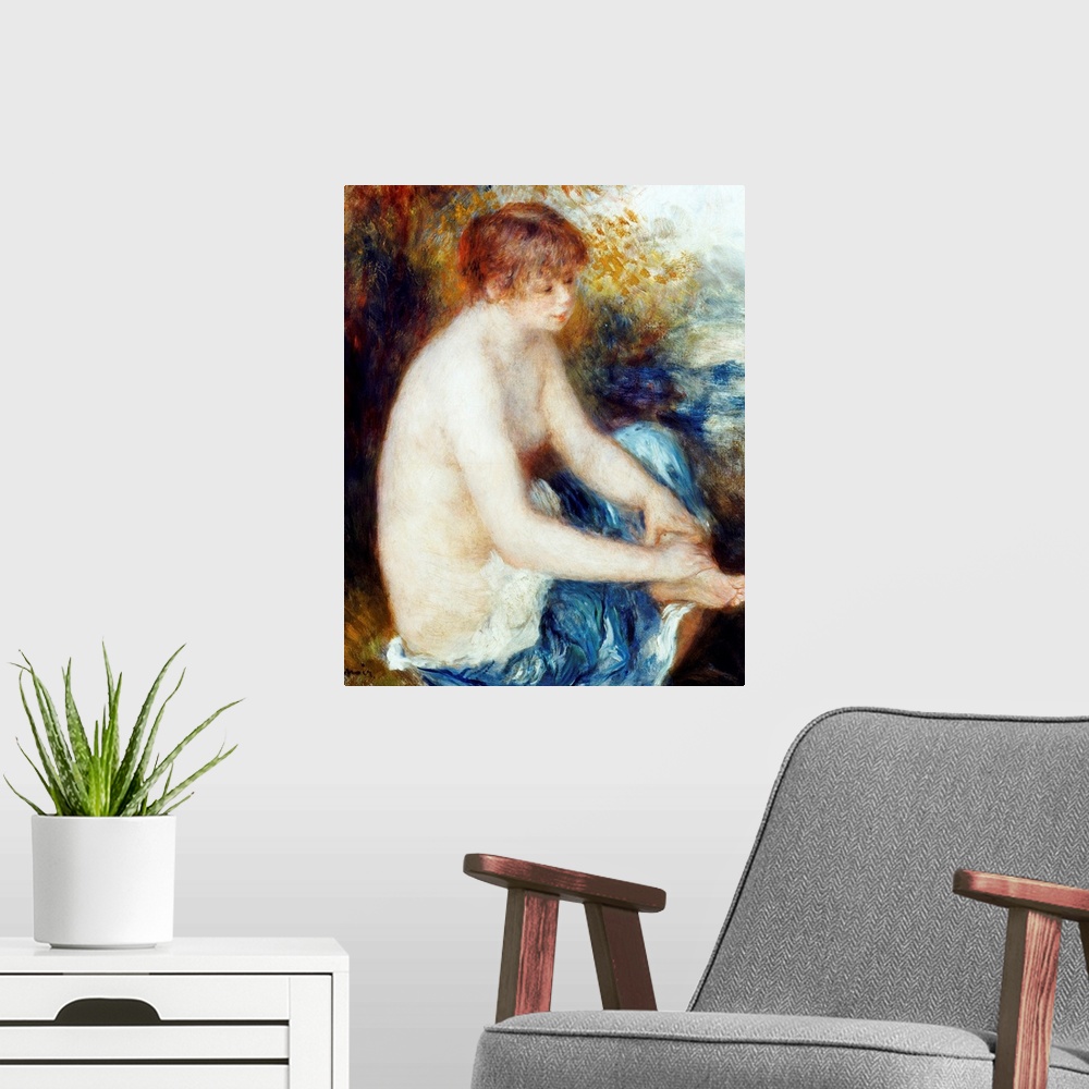 A modern room featuring Little Blue Nude By Pierre-Auguste Renoir