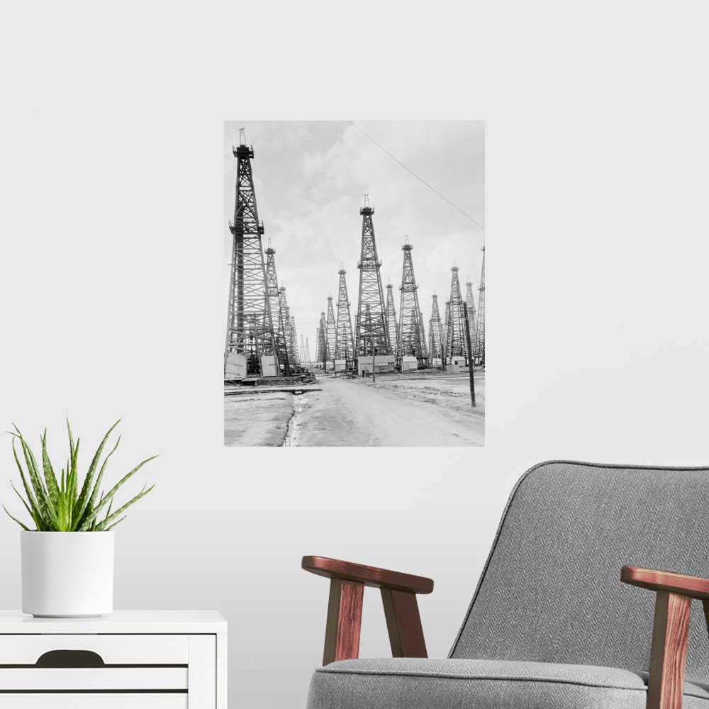 A modern room featuring U.S.A. Texas Beaumont spindle top oil fields.