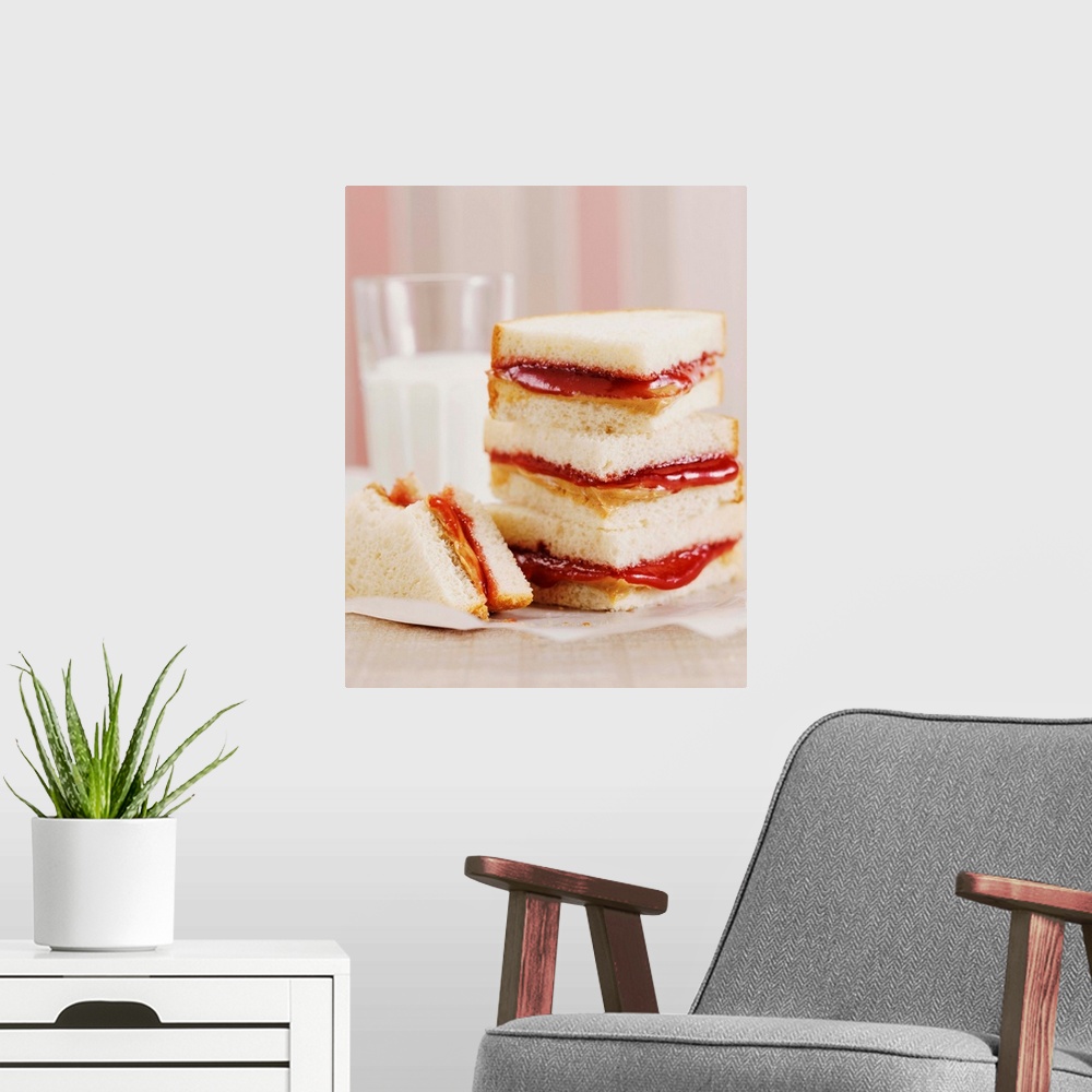 A modern room featuring Peanut Butter and Jelly Sandwiches and a Glass of Milk