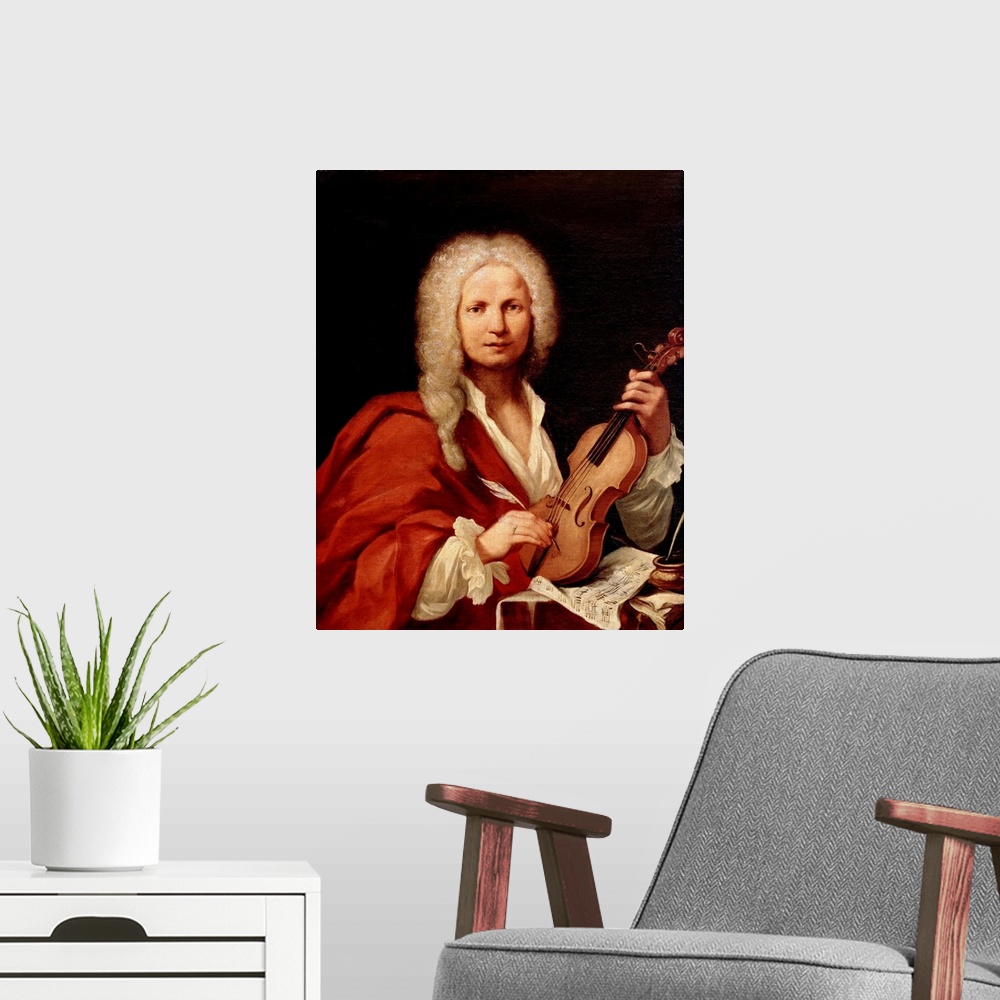 A modern room featuring Portrait of Antonio Vivaldi (1678-1741). Oil on canvas, Italian School, 18th century. Civico Muse...