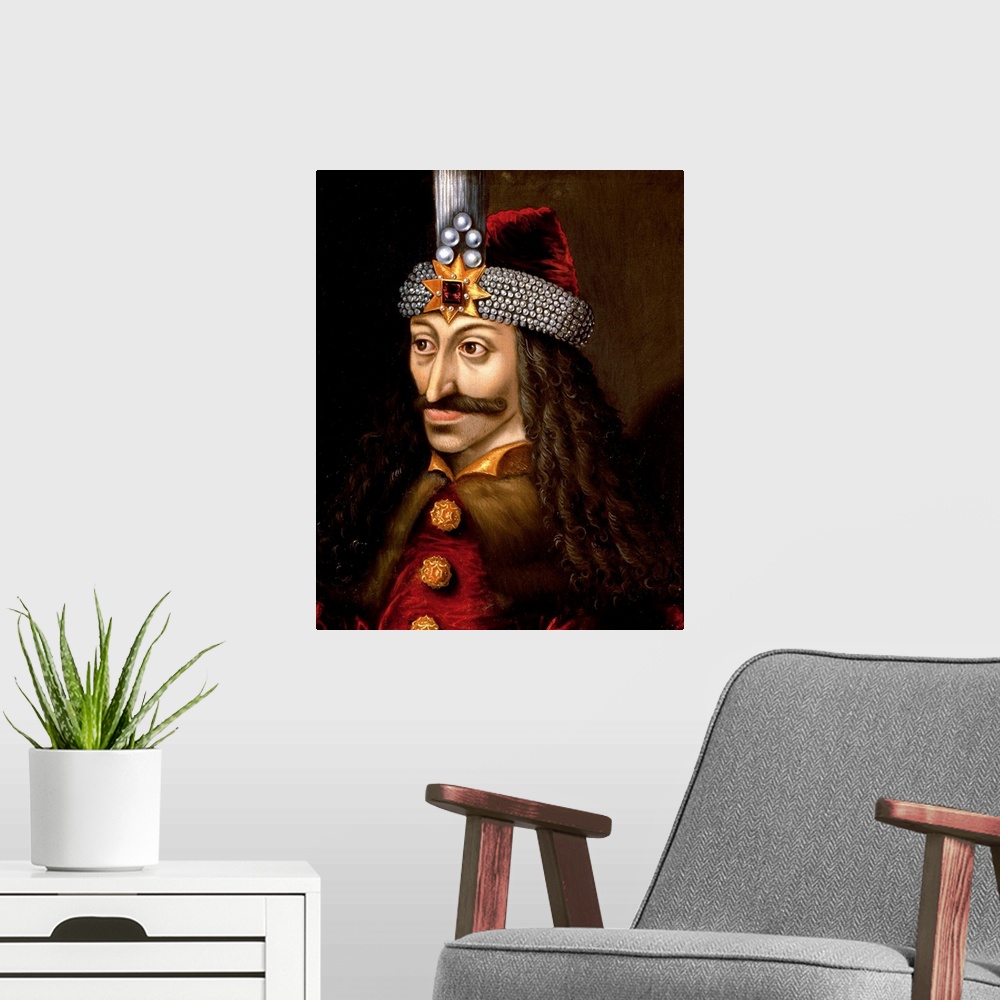 A modern room featuring Portrait of Vlad III the Impaler, or Dracula (1431-1476) who was inspired Bram Stoker's novel Dra...