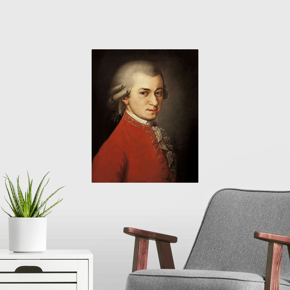 A modern room featuring Portrait of Wolfgang Amadeus Mozart (1756-1791) by Barbara Krafft,(1764-1825) 1819 - Gesellschaft...