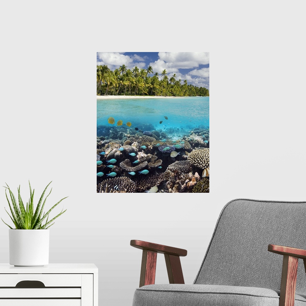 A modern room featuring Tropical Lagoon in South Ari Atoll in the Maldives in the Indian Ocean (digital composite).