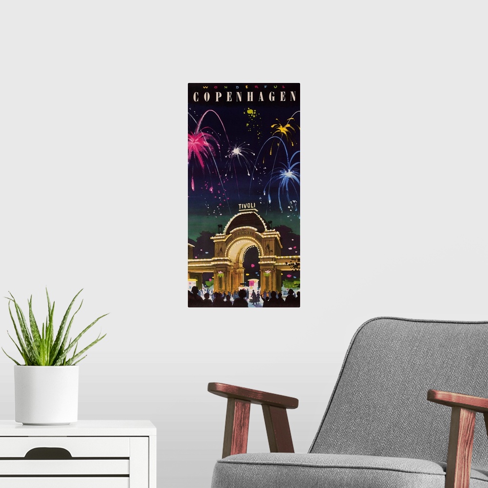 A modern room featuring ca 1960's travel poster of fireworks light night sky over Tivoli Gardens amusement park.