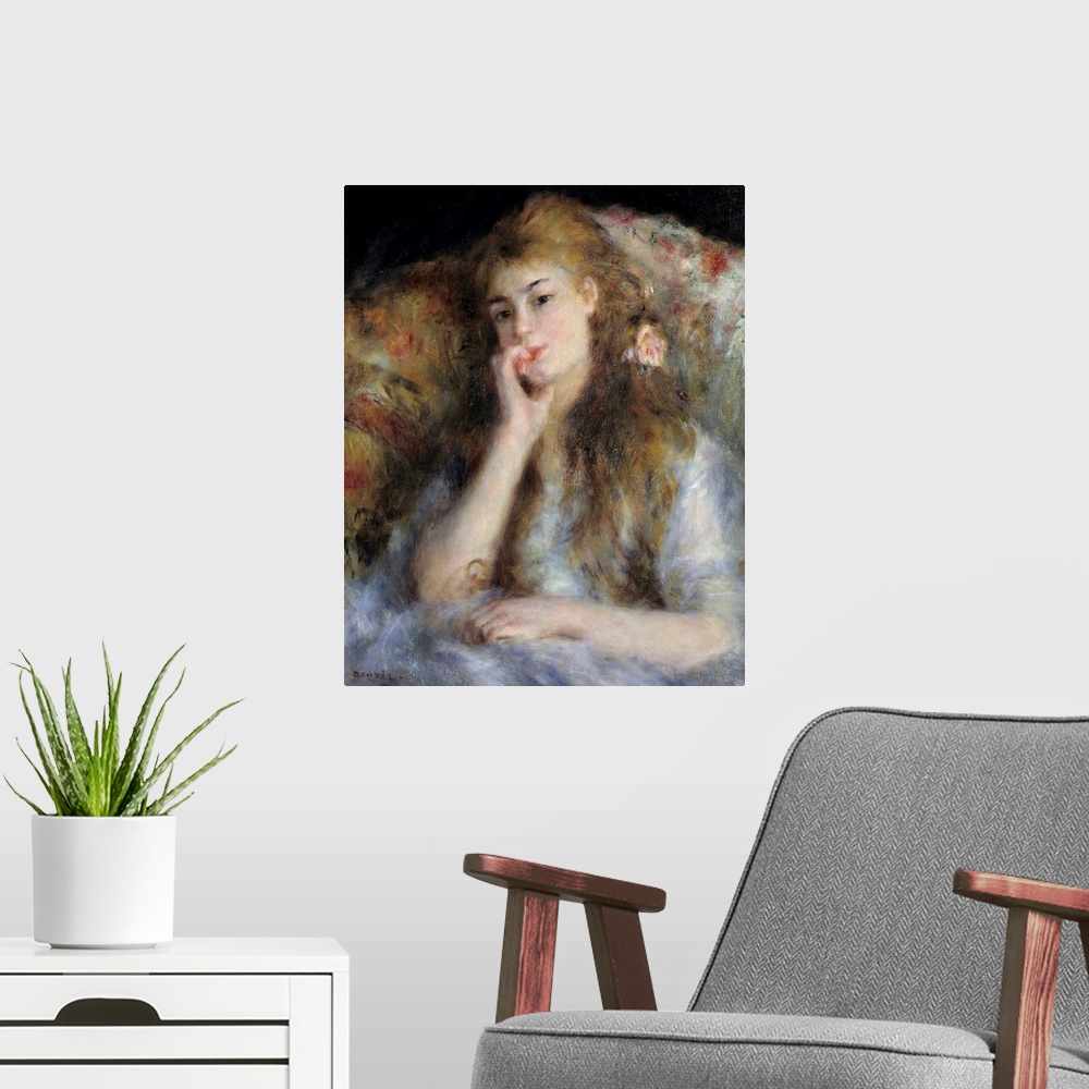 A modern room featuring Young woman seated or The Thought. Painting by Pierre Auguste Renoir (1841-1919), 1876. Private c...