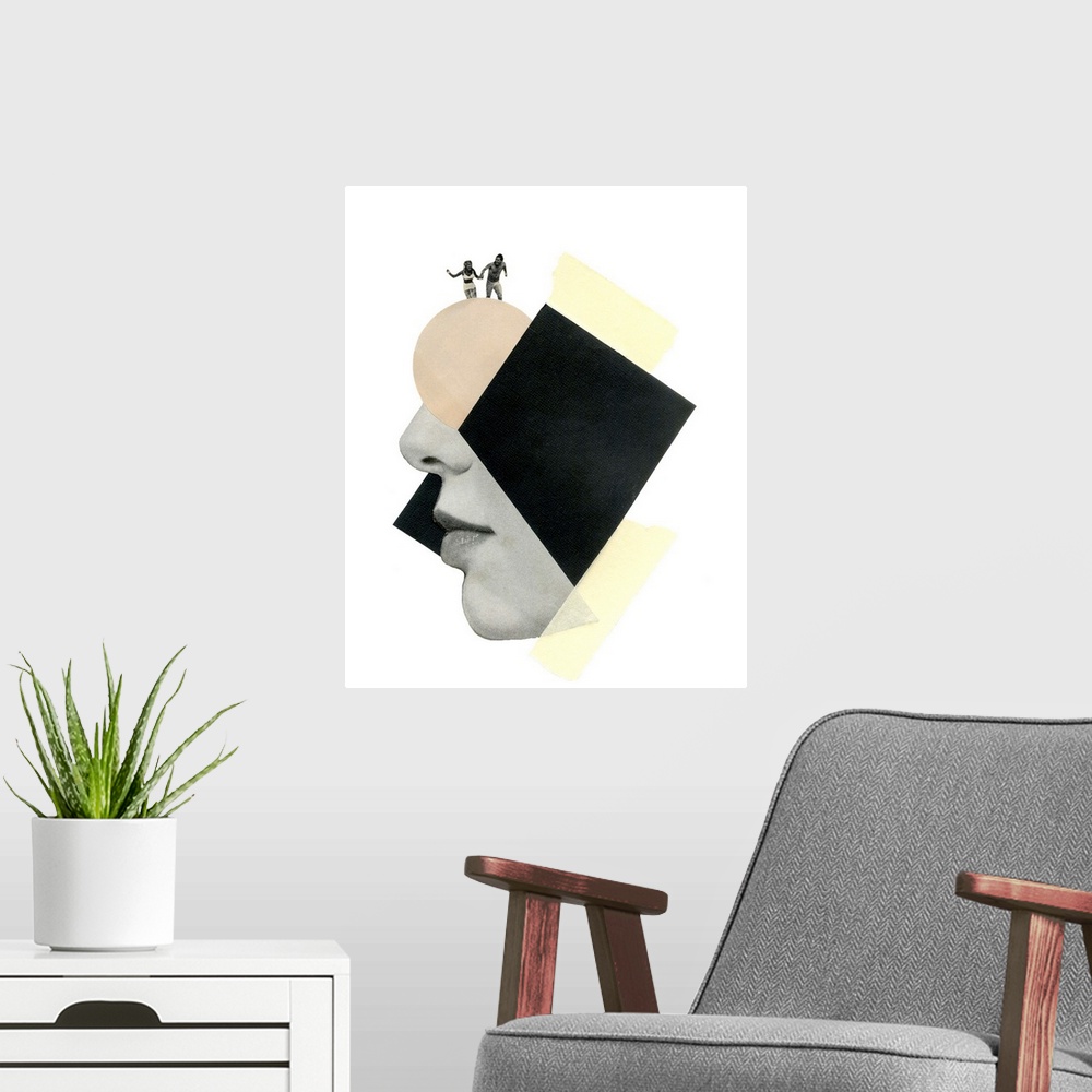 A modern room featuring Conceptual abstract art created with shapes and figures using mixed media.