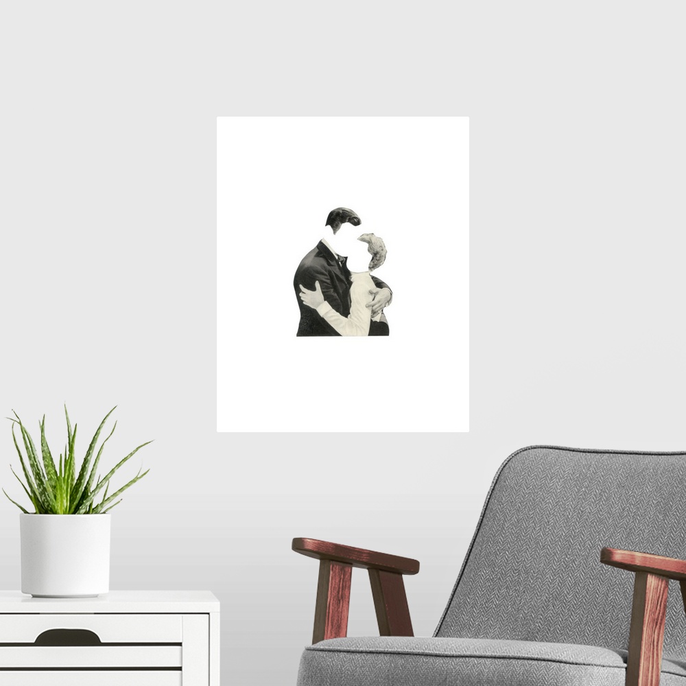 A modern room featuring Conceptual abstract art of a faceless man and woman embracing on a solid white background.