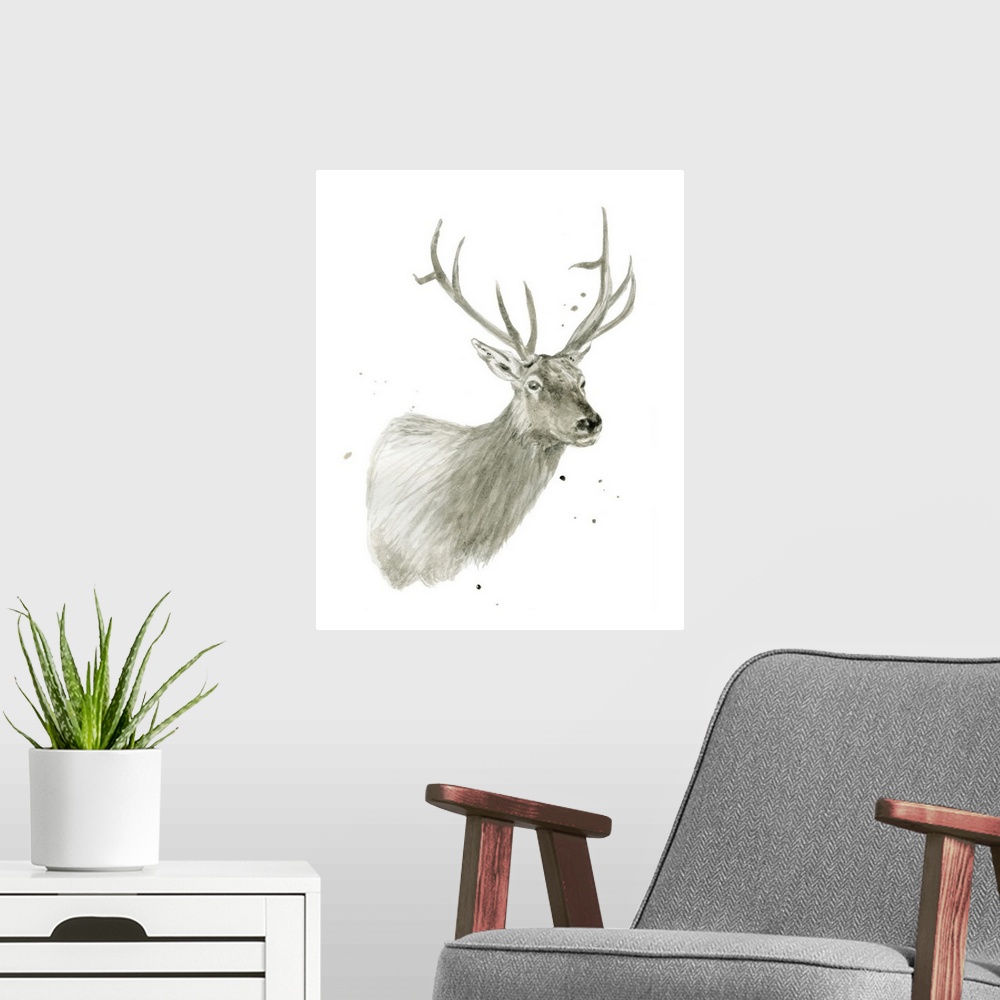 A modern room featuring Watercolor painting of a deer on a solid white background with a little bit of paint splatter.