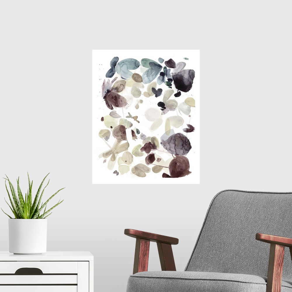 A modern room featuring Contemporary abstract painting of organic shapes in muted textural colors against a white backgro...