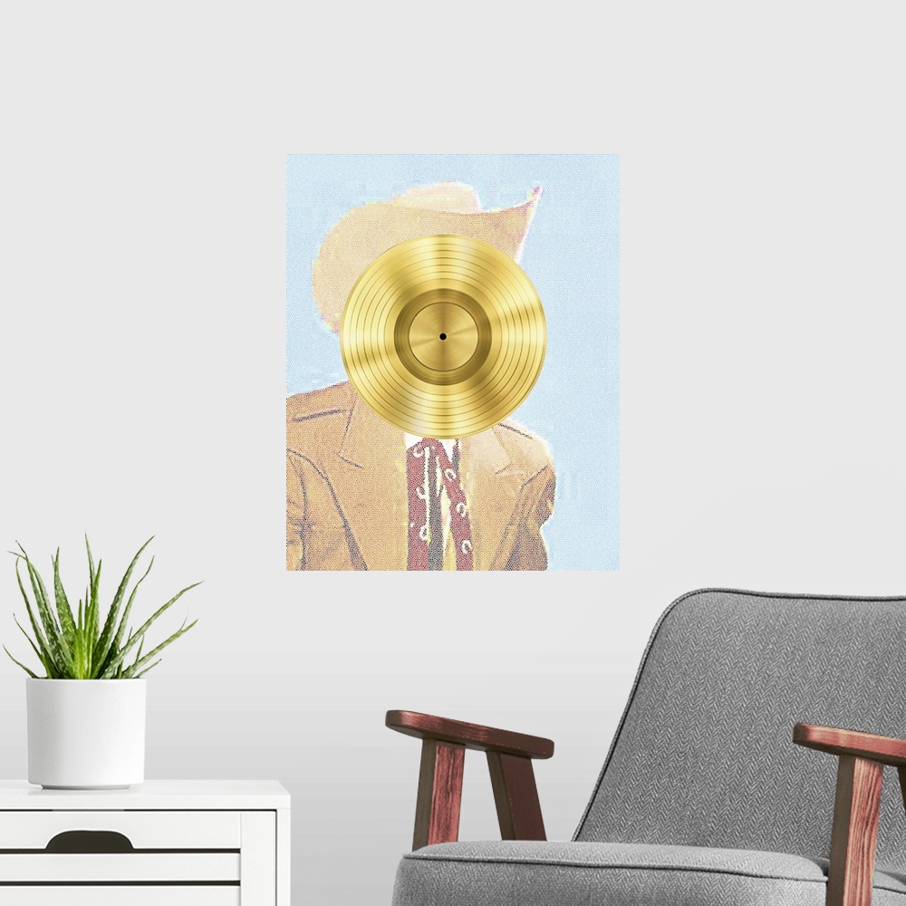 A modern room featuring Mosaic illustration of a man wearing western ware with a gold vinyl record for a face, created wi...