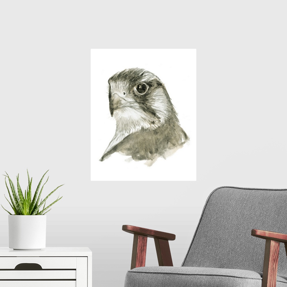 A modern room featuring Watercolor painting of a falcon on a solid white background.