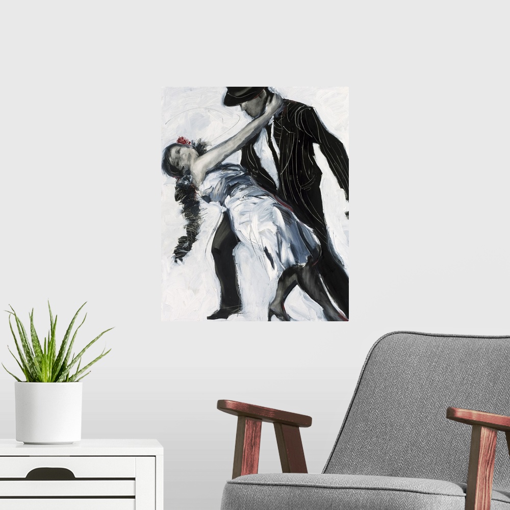 A modern room featuring Artwork of two people dancing. The woman has her hand wrapped around the man's neck as he dips he...