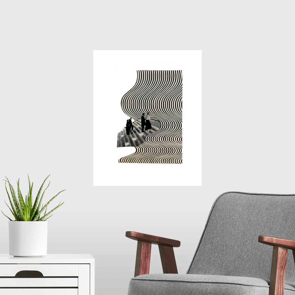 A modern room featuring Black and white conceptual abstract art created with mixed media.