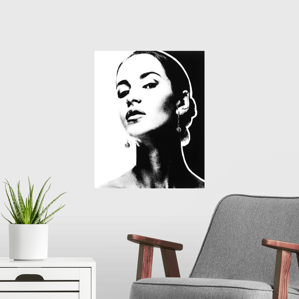 A modern room featuring Black and white pointillism illustration of a woman.