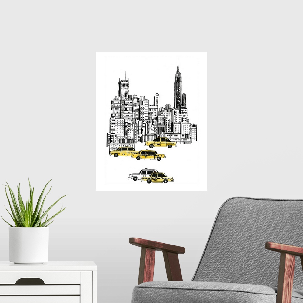 A modern room featuring Black and white watercolor painting of the New York City skyline with colorful taxis in the foreg...