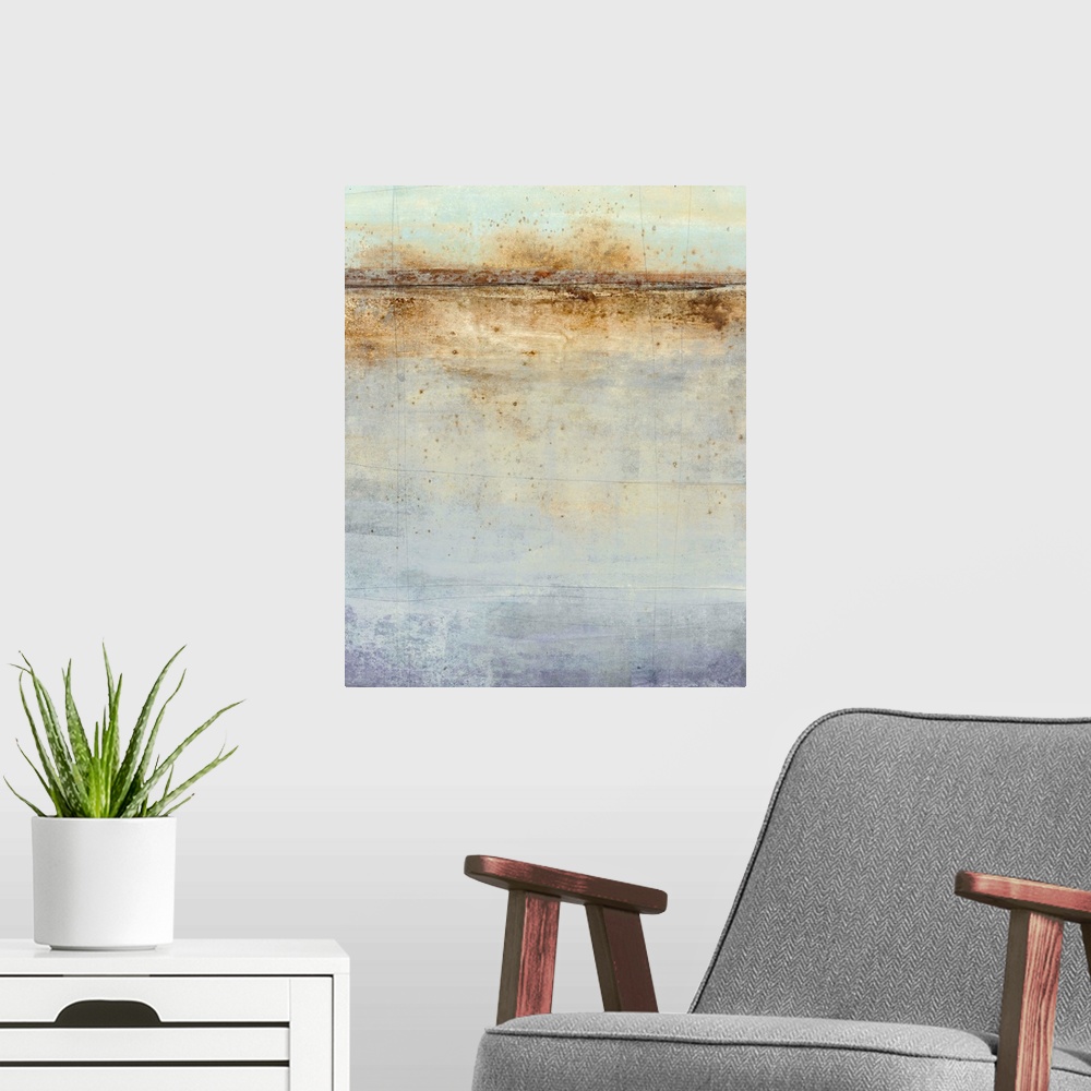 A modern room featuring Abstract painting with a horizon line at the top in shades of brown on a background made up of bl...