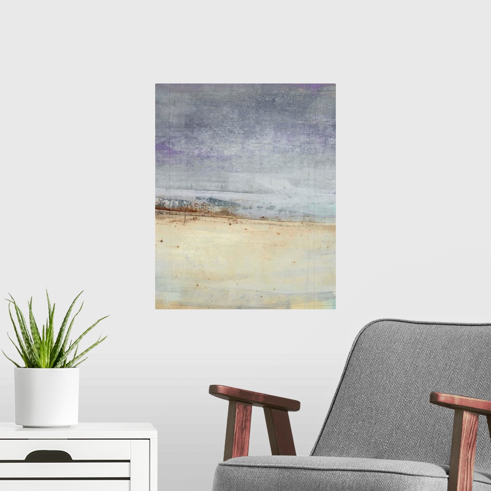 A modern room featuring Abstract painting with a horizon line towards the bottom in shades of brown on a background made ...