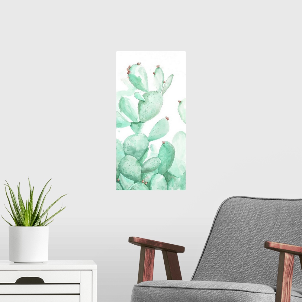 A modern room featuring A contemporary watercolor painting of a vibrant green cactus against a white background.