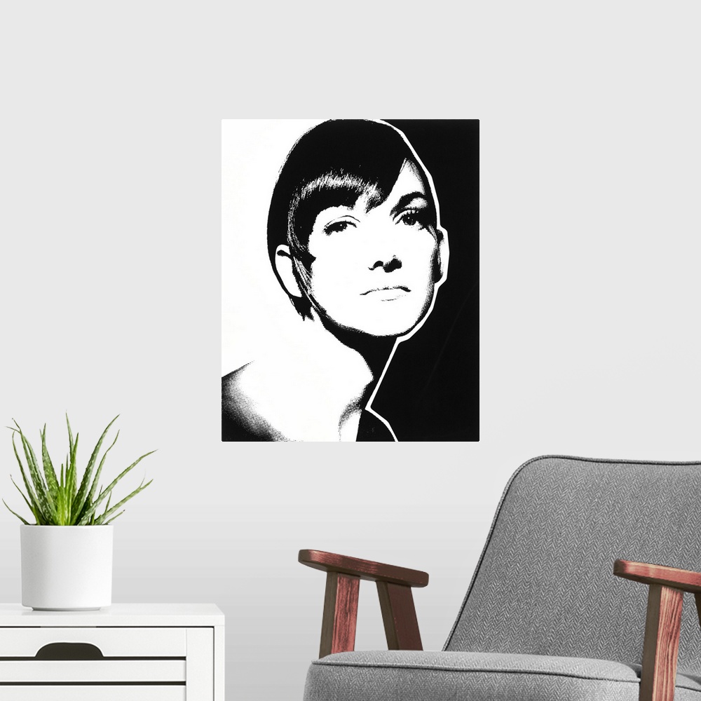 A modern room featuring Black and white illustration of a woman with short hair.