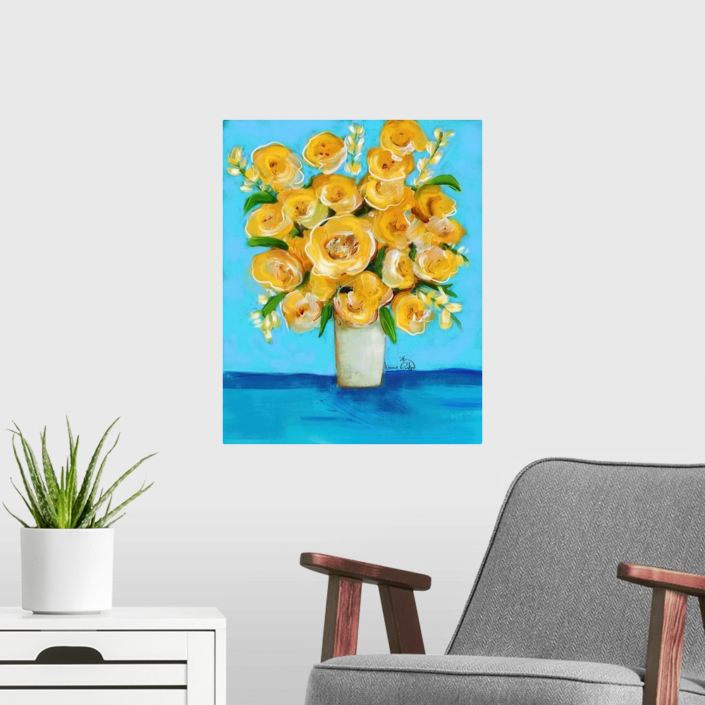 A modern room featuring Yellow Flowers On Teal