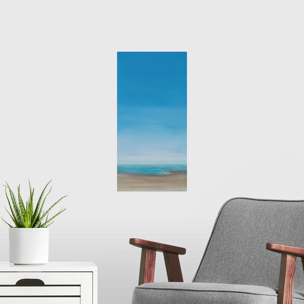 A modern room featuring Panel painting of a calm and peaceful beach landscape.