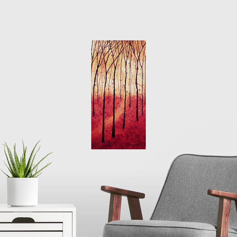 A modern room featuring Panel painting of a tree landscape in shades of red and gold with paint splatter in the background.