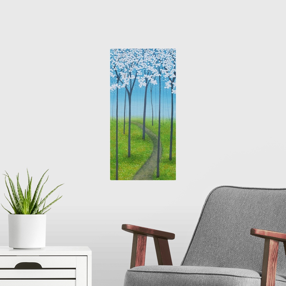 A modern room featuring Panel painting with a curved path lined with tall trees and white blossoms.
