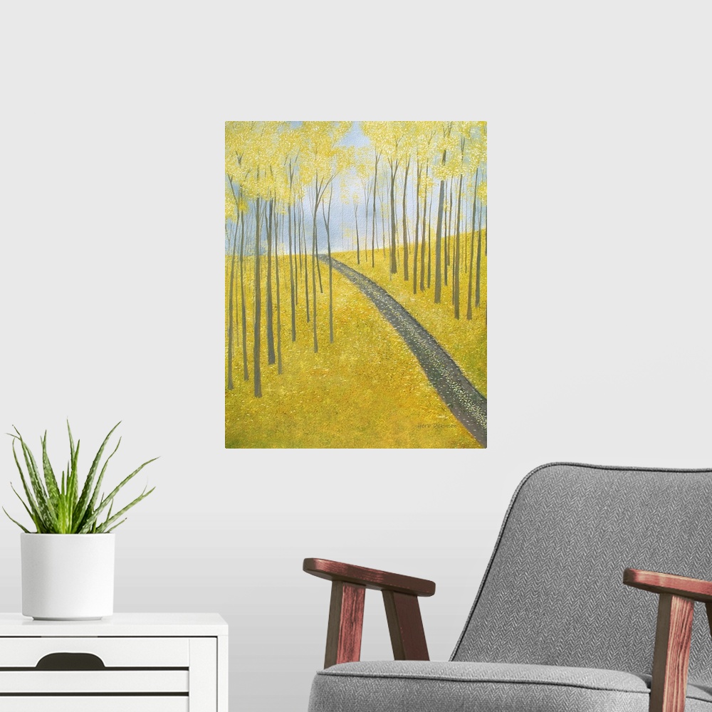 A modern room featuring Autumn landscape with a road leading up a hill, lined with Ginkgo trees and leaves.