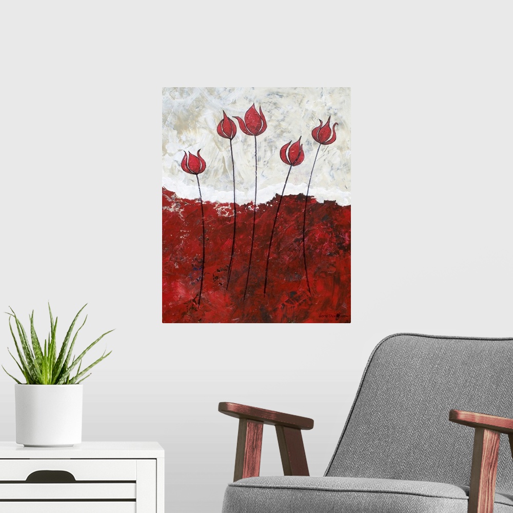 A modern room featuring Painting with five long stemmed red flowers with a bold red ground below and a white and beige sk...