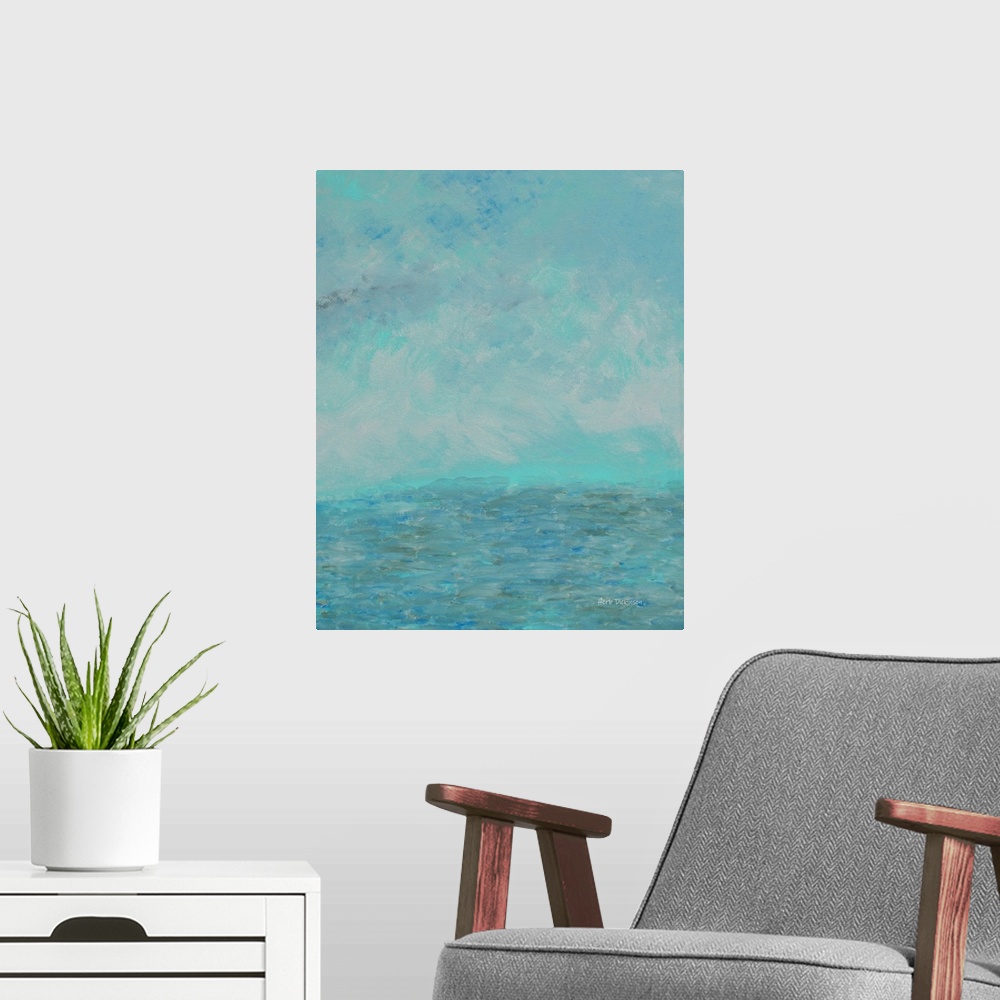 A modern room featuring Abstract seascape made with shades of blue, gray, and white.