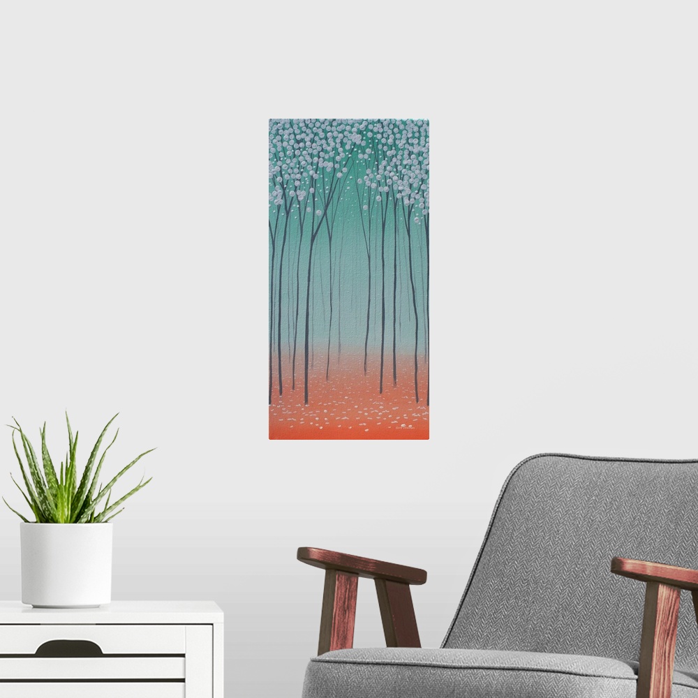 A modern room featuring Panel painting with a tree landscape in shades of green, gray, and orange.