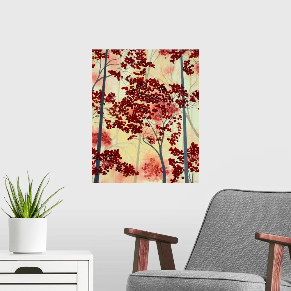 A modern room featuring Ruby red tree tops on a pale yellow background.
