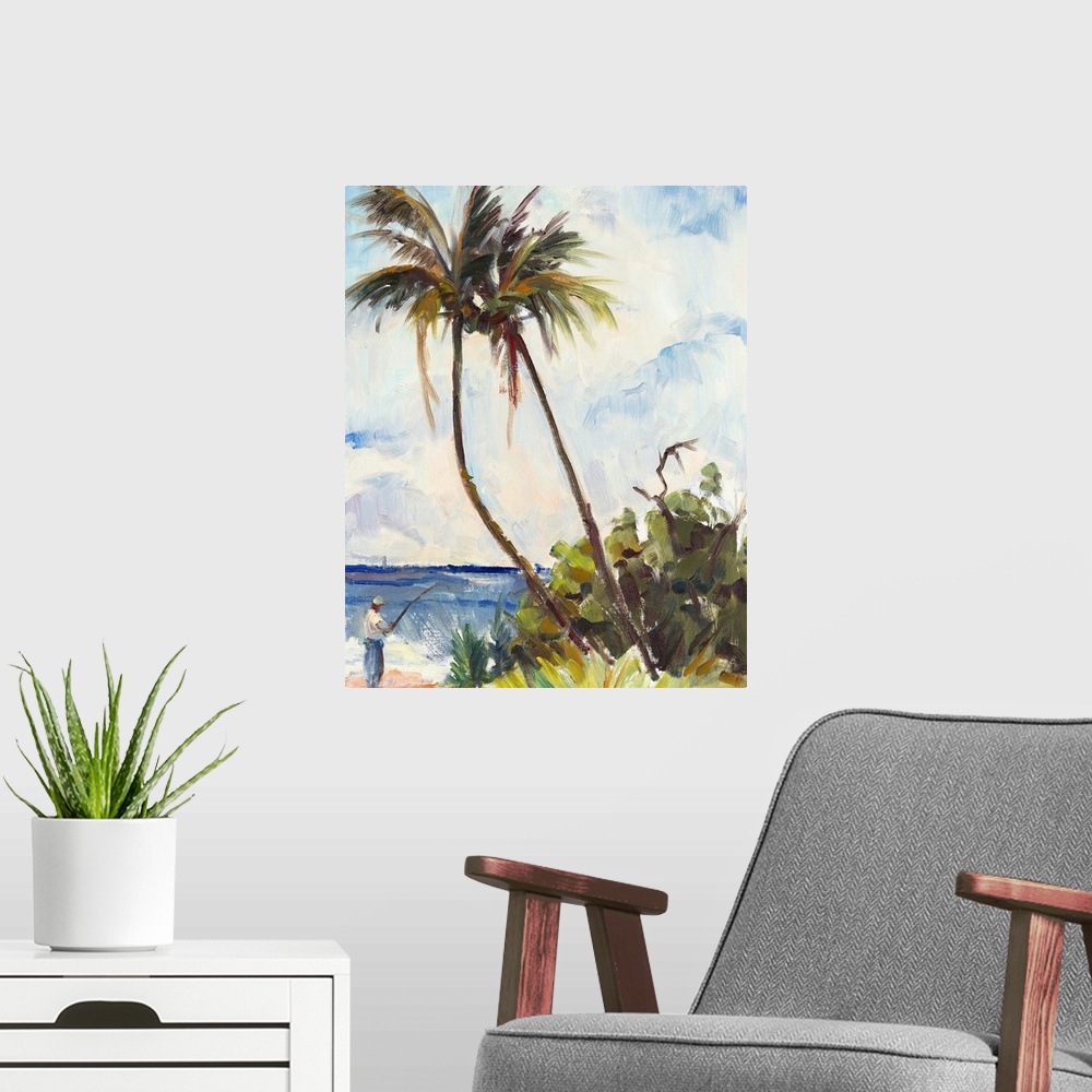 A modern room featuring A man fishing on the beach under two tall palm trees.