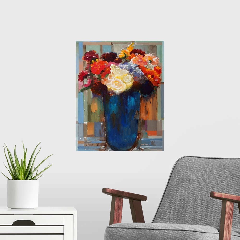 A modern room featuring Flowers in a Blue Vase