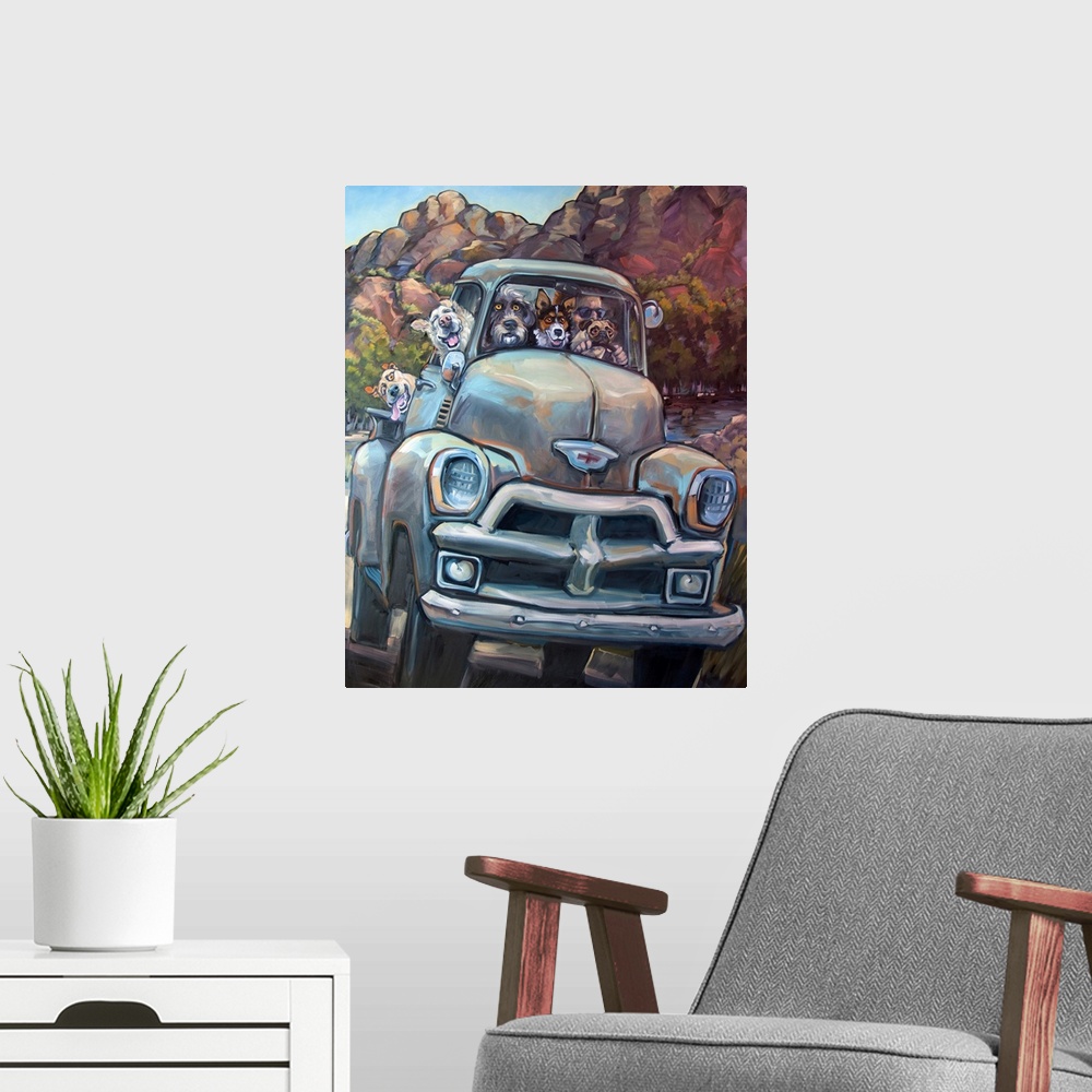 A modern room featuring Thick brush strokes create a humorous scene of a dogs riding in a truck on a country road.